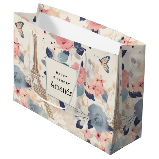 Beautiful Flowers and Eiffel Tower Paris Birthday Large Gift Bag (Front Angled)