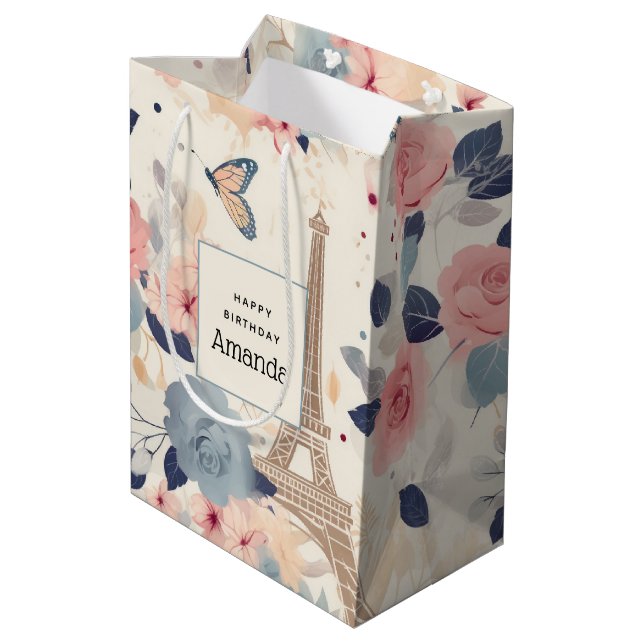 Beautiful Flowers and Eiffel Tower Paris Birthday Medium Gift Bag (Back Angled)