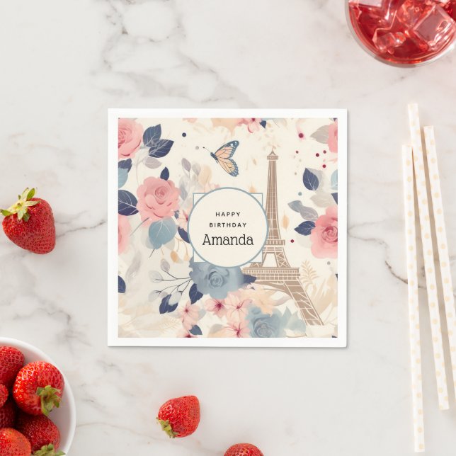 Beautiful Flowers and Eiffel Tower Paris Birthday Napkin (Insitu)