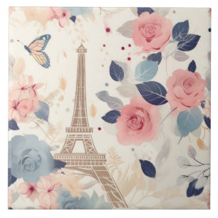 Beautiful Flowers and Eiffel Tower Paris Ceramic Tile