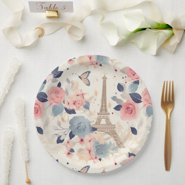 Beautiful Flowers and Eiffel Tower Paris Paper Plate (Wedding)