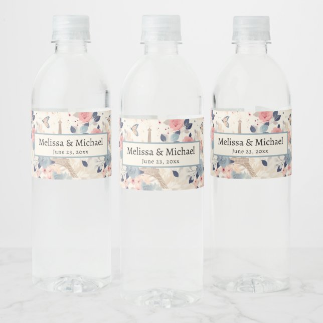 Beautiful Flowers and Eiffel Tower Paris Wedding Water Bottle Label (Bottles)