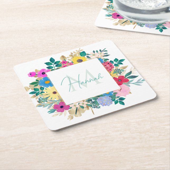 Beautiful Flowers Botanical Watercolor Painting Square Paper Coaster (Angled)