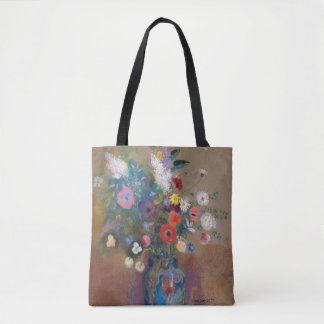 beautiful flowers in a blue vase tote bag