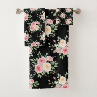 Beautiful Flowers in Pastel Color on Black Bath Towel Set