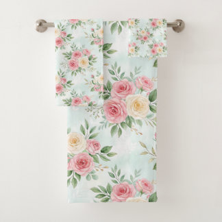 Beautiful Flowers in Pastel Color on Light Blue Bath Towel Set