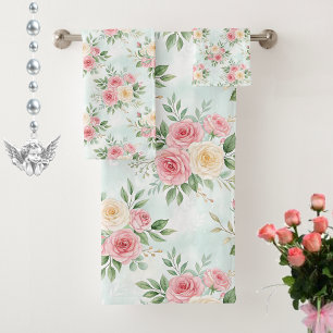 Beautiful Flowers in Pastel Colour on Light Blue Bath Towel Set