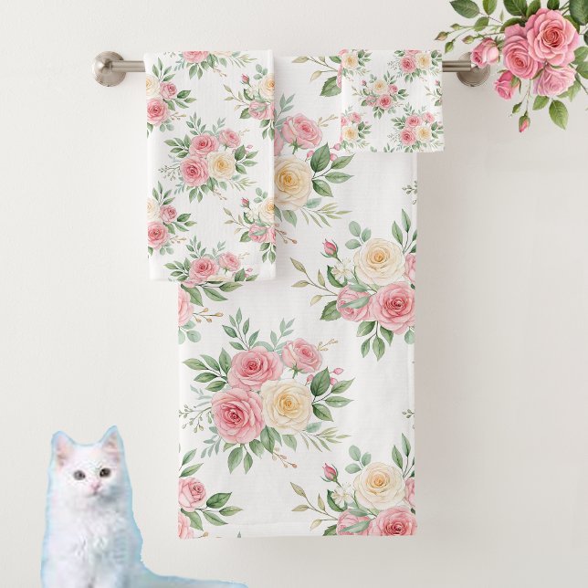 Beautiful Flowers in Pastel Colour on White Bath Towel Set (Creator Uploaded)