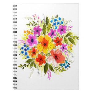 Beautiful flowers, leaves, buds and grass, painted notebook