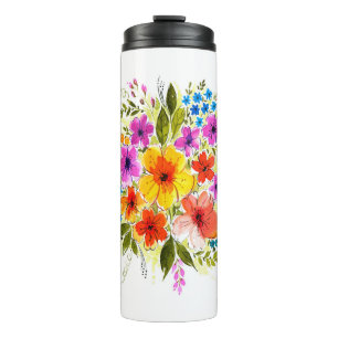 Beautiful flowers, leaves, buds and grass, painted thermal tumbler