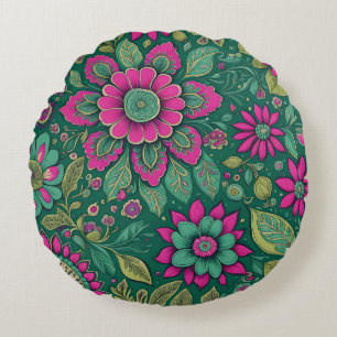 Beautiful Flowers Mandala Blossoms pink green Round Cushion