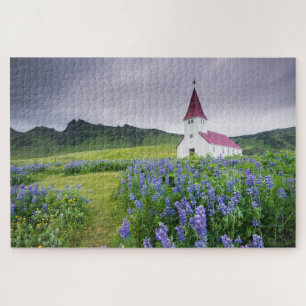 Beautiful Flowers Old Church Vic Travel Iceland Jigsaw Puzzle