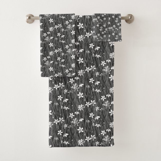 Beautiful Flowers on Plant Leaves in Grey Shades Bath Towel Set (Insitu)