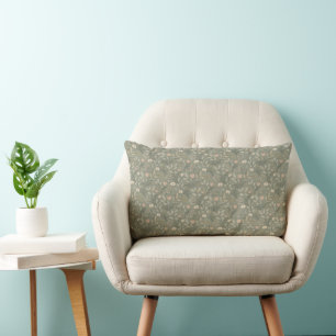 Beautiful Flowers on Sage Green, Earthy Muted Tone Lumbar Cushion