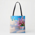 Beautiful flowers on white steps Tote Bag