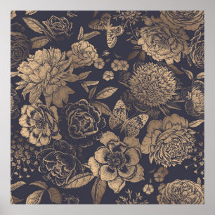 Beautiful flowers peonies, roses and butterflies. poster