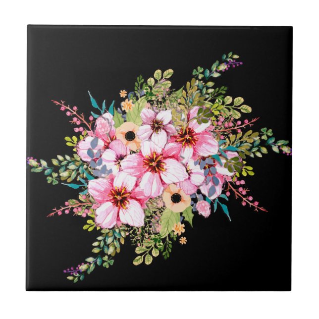 Beautiful Flowers Pop off Black Ceramic Tile (Front)