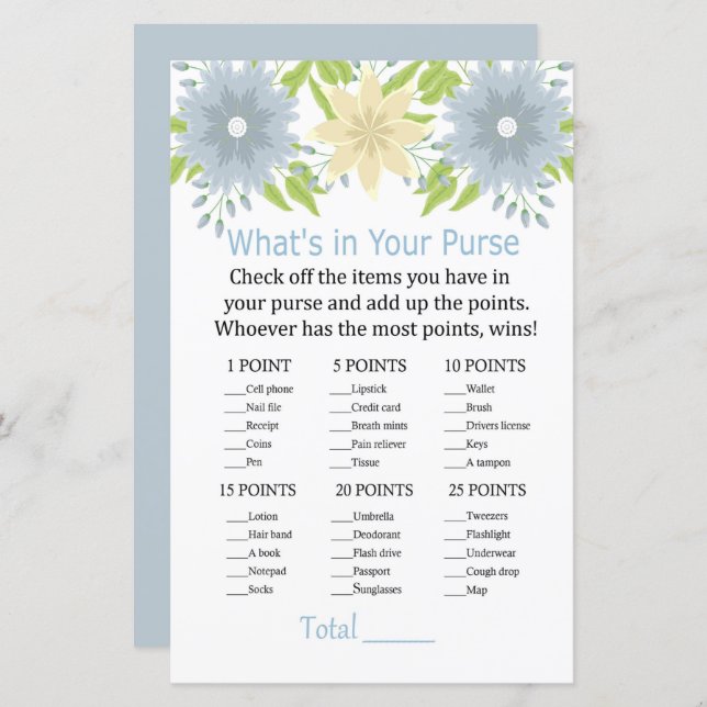 Beautiful flowers What's in your purse game (Front/Back)