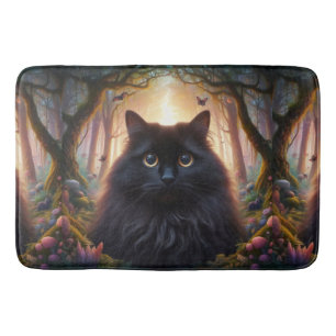 Beautiful Fluffy Black Cat with Gold Eyes Bath Mat