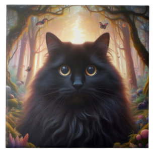 Beautiful Fluffy Black Cat with Gold Eyes Ceramic Tile