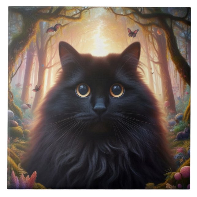 Beautiful Fluffy Black Cat with Gold Eyes Ceramic Tile (Front)