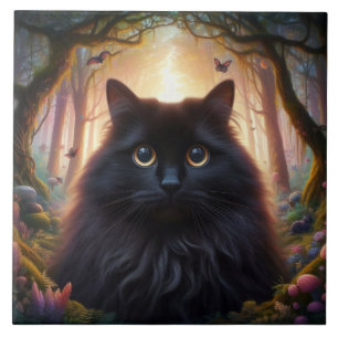 Beautiful Fluffy Black Cat with Gold Eyes Ceramic Tile