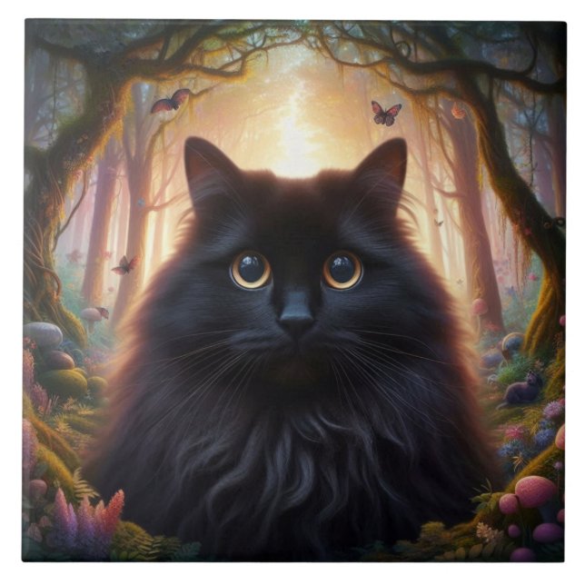 Beautiful Fluffy Black Cat with Gold Eyes Ceramic Tile (Front)