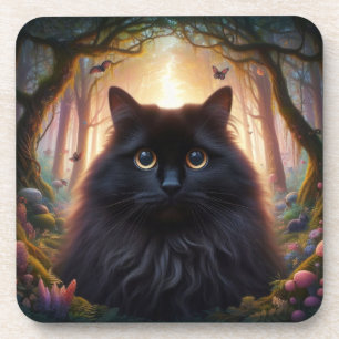 Beautiful Fluffy Black Cat with Gold Eyes Coaster