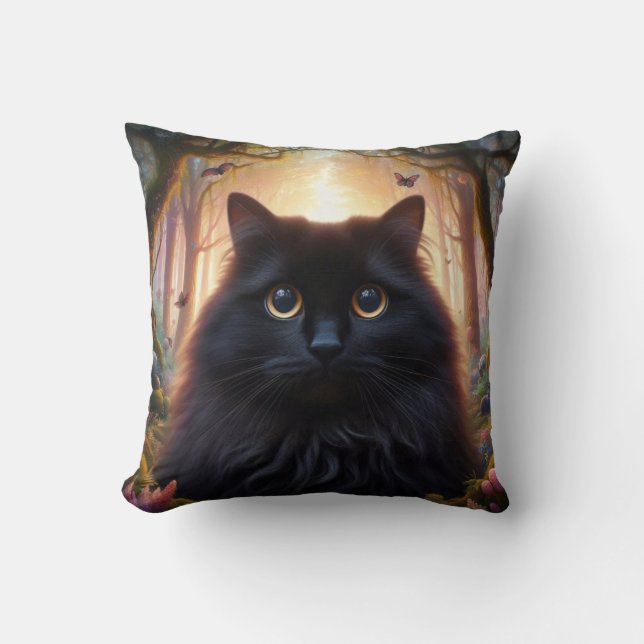 Beautiful Fluffy Black Cat with Gold Eyes Cushion (Front)