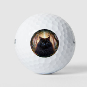 Beautiful Fluffy Black Cat with Gold Eyes Golf Balls