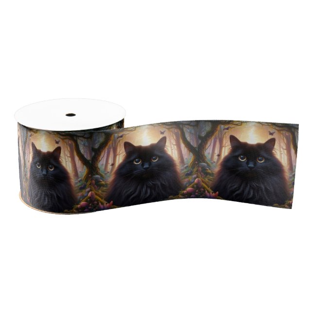 Beautiful Fluffy Black Cat with Gold Eyes Grosgrain Ribbon (Spool)