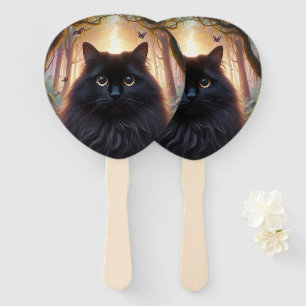 Beautiful Fluffy Black Cat with Gold Eyes Hand Fan