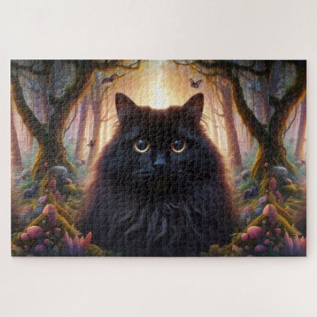 Beautiful Fluffy Black Cat with Gold Eyes Jigsaw Puzzle (Horizontal)