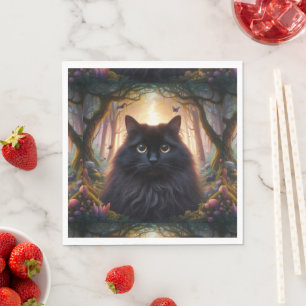 Beautiful Fluffy Black Cat with Gold Eyes Napkin