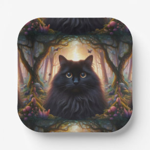 Beautiful Fluffy Black Cat with Gold Eyes Paper Plate