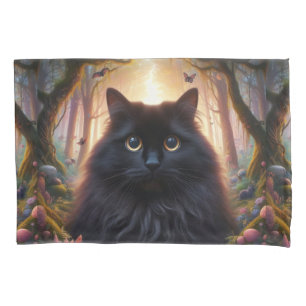 Beautiful Fluffy Black Cat with Gold Eyes Pillowcase