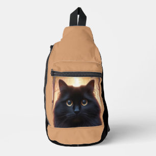 Beautiful Fluffy Black Cat with Gold Eyes Sling Bag