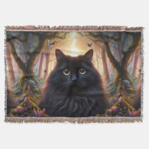 Beautiful Fluffy Black Cat with Gold Eyes Throw Blanket