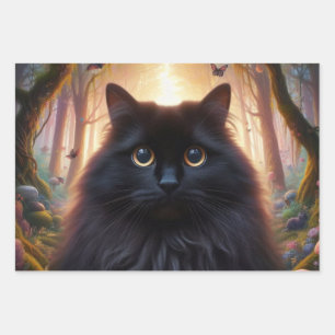 Beautiful Fluffy Black Cat with Gold Eyes Wrapping Paper Sheet
