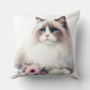 BEAUTIFUL FLUFFY RAGDOLL CAT WITH FLOWERS CUSHION