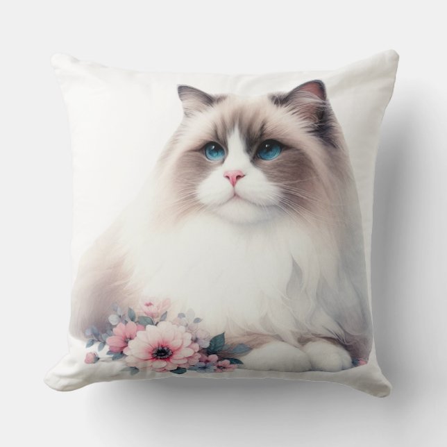 BEAUTIFUL FLUFFY RAGDOLL CAT WITH FLOWERS CUSHION (Front)