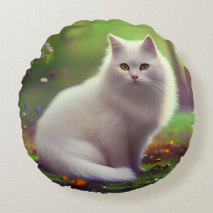 Beautiful Fluffy White Cat Round Cushion