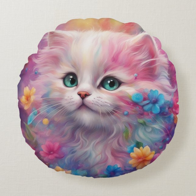 Beautiful Fluffy White Cat Round Cushion (Front)
