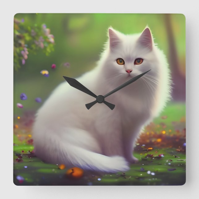 Beautiful Fluffy White Cat  Square Wall Clock (Front)
