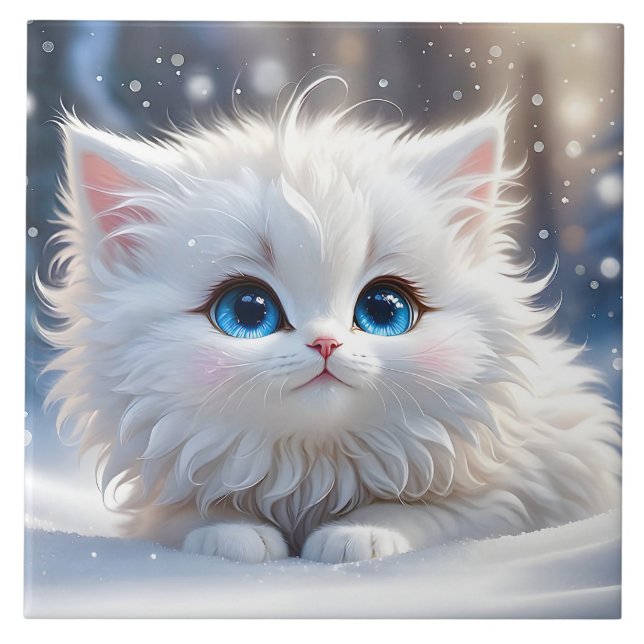 Beautiful Fluffy White Cat with Blue Eyes  Ceramic Tile (Front)