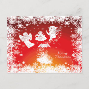 Beautiful Flying Christmas Angels-White Snow-Red  Holiday Postcard