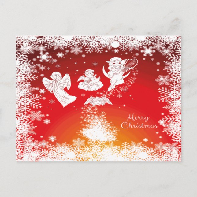 Beautiful Flying Christmas Angels-White Snow-Red  Holiday Postcard (Front)