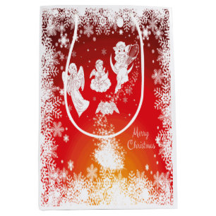 Beautiful Flying Christmas Angels-White Snow-Red Medium Gift Bag