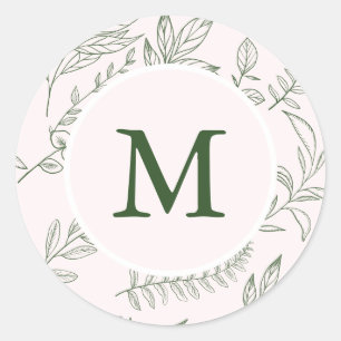 Beautiful Foliage Print Monogram Blush Holiday Classic Round Sticker