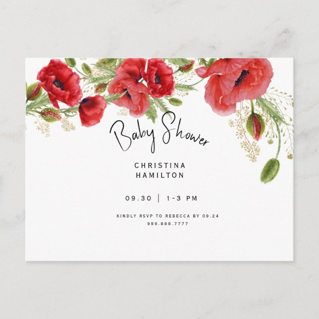 Beautiful Foliage Red Poppies Baby Shower Invitati Invitation Postcard (Front)